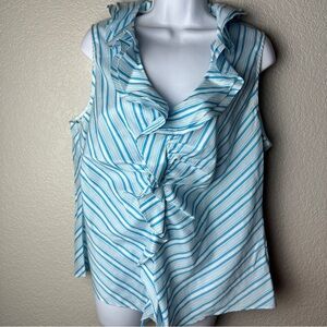Lafayette 148 New York Sleeveless Blue White Ruffle Blouse 14 silk blend